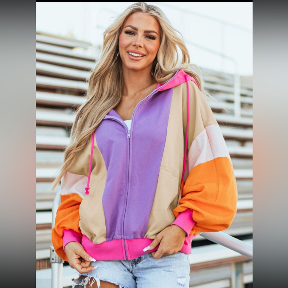 1103. Color block oversized hooded zip up jacket~ State Of Fashion